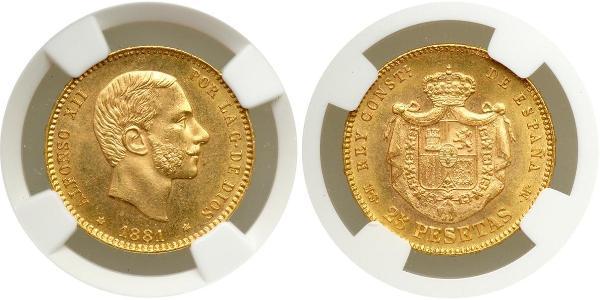 25 Peseta Kingdom of Spain (1874 - 1931) Oro Alfonso XII of Spain (1857 -1885)