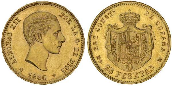 25 Peseta Kingdom of Spain (1874 - 1931) Oro Alfonso XII of Spain (1857 -1885)