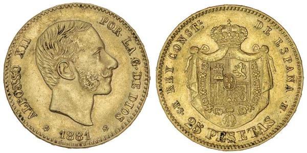 25 Peseta Kingdom of Spain (1874 - 1931) 金 Alfonso XII of Spain (1857 -1885)