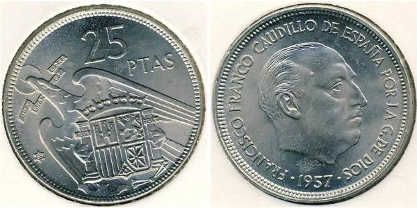 25 Peseta 佛朗哥时期 (1936 - 1975) 銅/镍 弗朗西斯科·佛朗哥 (1892 – 1975)