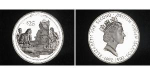 25 Доллар Виргинские Острова (Великобритания) Серебро Христофор Колумб (1451 - 1506) / Елизавета II (1926-2022)