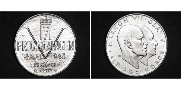 25 Крона Королевство Норвегия (1905 - ) Серебро Хокон VII (1872 - 1957) / Улаф V (1903 - 1991)