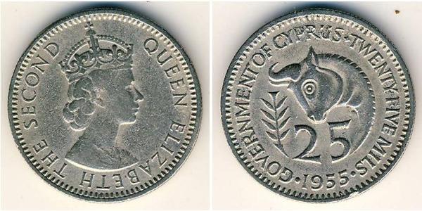 25 Міль Британський Кіпр (1878 - 1960) Нікель/Мідь Єлизавета II (1926-2022)
