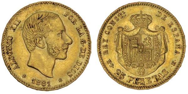 25 Песета Королевство Испания (1874 - 1931) Золото Alfonso XII of Spain (1857 -1885)
