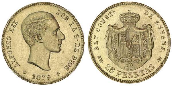 25 Песета Королевство Испания (1874 - 1931) Золото Alfonso XII of Spain (1857 -1885)