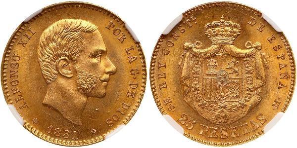 25 Песета Королевство Испания (1874 - 1931) Золото Alfonso XII of Spain (1857 -1885)