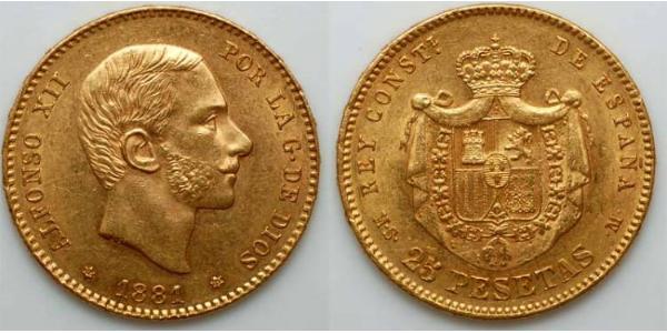 25 Песета Королевство Испания (1874 - 1931) Золото Alfonso XII of Spain (1857 -1885)