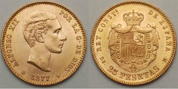 25 Песета Королевство Испания (1874 - 1931) Золото Alfonso XII of Spain (1857 -1885)