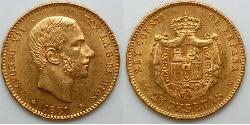 25 Песета Королівство Іспанія (1874 - 1931) Золото Alfonso XII of Spain (1857 -1885)