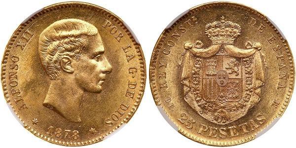 25 Песета Королівство Іспанія (1874 - 1931) Золото Alfonso XII of Spain (1857 -1885)