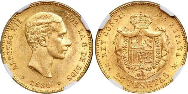 25 Песета Королівство Іспанія (1874 - 1931) Золото Alfonso XII of Spain (1857 -1885)