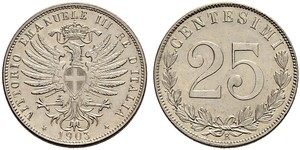 25 Сентесімо Kingdom of Italy (1861-1946) Срібло Віктор Емануїл III (1869 - 1947)