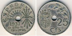 25 Сентимо Вторая Испанская Республика (1931 - 1939) Никель/Медь 