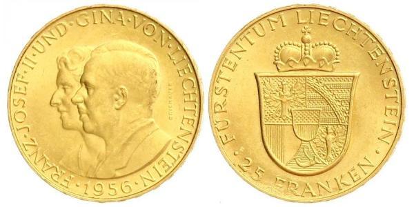 25 Франк Лихтенштейн Золото Franz Joseph II, Prince of Liechtenstein (1938 - 1989) 