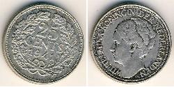 25 Цент Королівство Нідерланди (1815 - ) Срібло Вільгельміна (королева Нідерландів)(1880 - 1962)