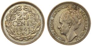 25 Цент Королівство Нідерланди (1815 - ) Срібло Вільгельміна (королева Нідерландів)(1880 - 1962)