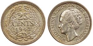 25 Цент Королівство Нідерланди (1815 - ) Срібло Вільгельміна (королева Нідерландів)(1880 - 1962)