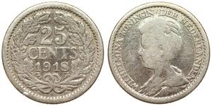 25 Цент Королівство Нідерланди (1815 - ) Срібло Вільгельміна (королева Нідерландів)(1880 - 1962)
