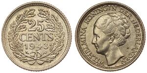 25 Цент Королівство Нідерланди (1815 - ) Срібло Вільгельміна (королева Нідерландів)(1880 - 1962)