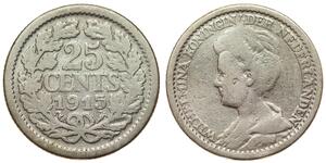 25 Цент Королівство Нідерланди (1815 - ) Срібло Вільгельміна (королева Нідерландів)(1880 - 1962)