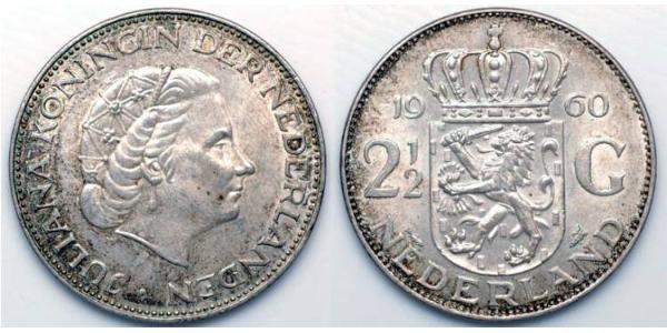2 1/2 Гульден Королівство Нідерланди (1815 - ) Срібло Юлиана ,королева Нидерландов (1909 – 2004)