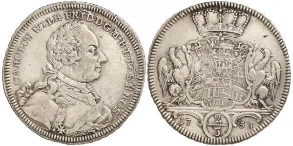 2/3 Талер Ансбах (1398–1792) Срібло Charles William Frederick, Margrave of Brandenburg-Ansbach (1712 – 1757)