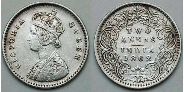 2 Anna Raj Británico (1858-1947) Plata Victoria (1819 - 1901)