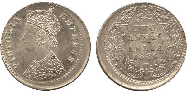 2 Anna Raj Británico (1858-1947) Plata Victoria (1819 - 1901)