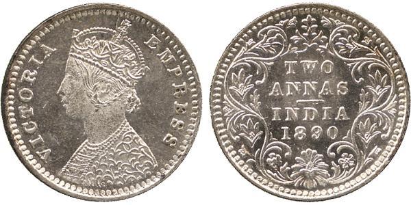 2 Anna Raj Británico (1858-1947) Plata Victoria (1819 - 1901)