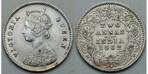 2 Anna Raj Británico (1858-1947) Plata Victoria (1819 - 1901)