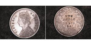 2 Anna British Raj (1858-1947) Silver Victoria (1819 - 1901)