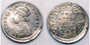 2 Anna British Raj (1858-1947) Silver Victoria (1819 - 1901)