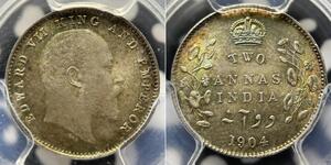 2 Anna British Raj (1858-1947) Silver Edward VII (1841-1910)