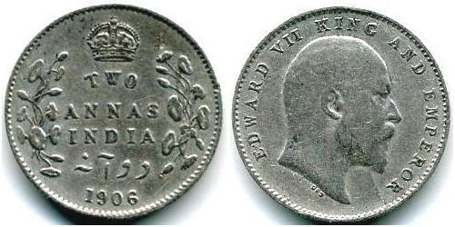 2 Anna British Raj (1858-1947) Silver Edward VII (1841-1910)