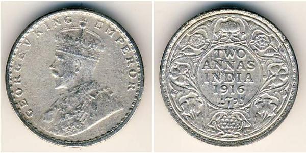 2 Anna British Raj (1858-1947) Silver George V of the United Kingdom (1865-1936)