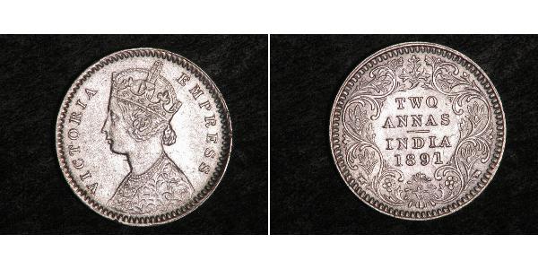 2 Anna British Raj (1858-1947) Silver Victoria (1819 - 1901)