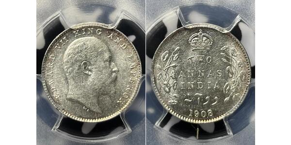 2 Anna British Raj (1858-1947) Silver Edward VII (1841-1910)