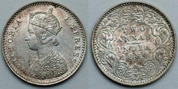 2 Anna British Raj (1858-1947) Silver Victoria (1819 - 1901)