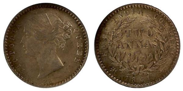 2 Anna 印度 / 不列颠东印度公司 銀 维多利亚 (英国君主)