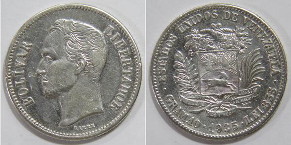 2 Bolivar Venezuela Silber Simon Bolivar (1783 - 1830)