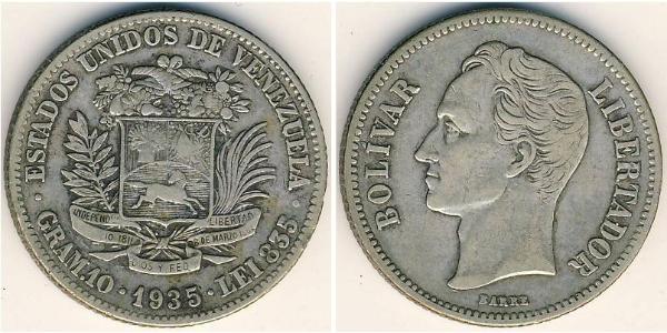 2 Bolivar Venezuela 銀 Simon Bolivar (1783 - 1830)