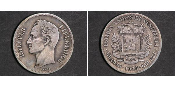 2 Bolivar Venezuela 銀 Simon Bolivar (1783 - 1830)