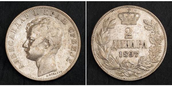 2 Dinar Serbien Silber Aleksandar Obrenović