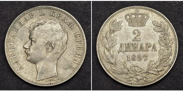 2 Dinar Serbien Silber Aleksandar Obrenović