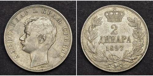 2 Dinar Serbia Silver Alexander I of Serbia