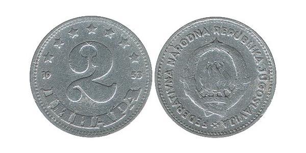 2 Dinaro República Federativa Socialista de Yugoslavia (1943 -1992) Aluminio 