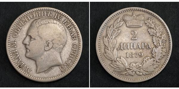 2 Dinaro Serbia Plata Milan I de Serbia