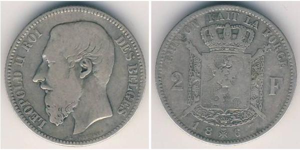 2 Franc Belgique Argent Leopold II (1835 - 1909)