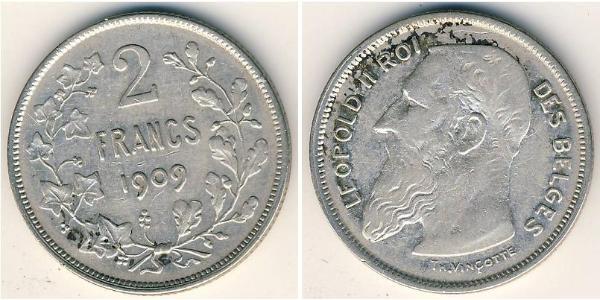 2 Franc Belgique Argent Leopold II (1835 - 1909)