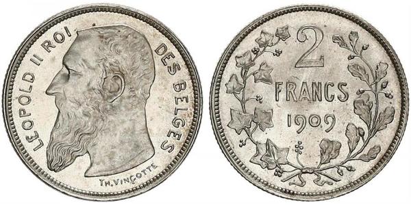 2 Franc Belgique Argent Leopold II (1835 - 1909)